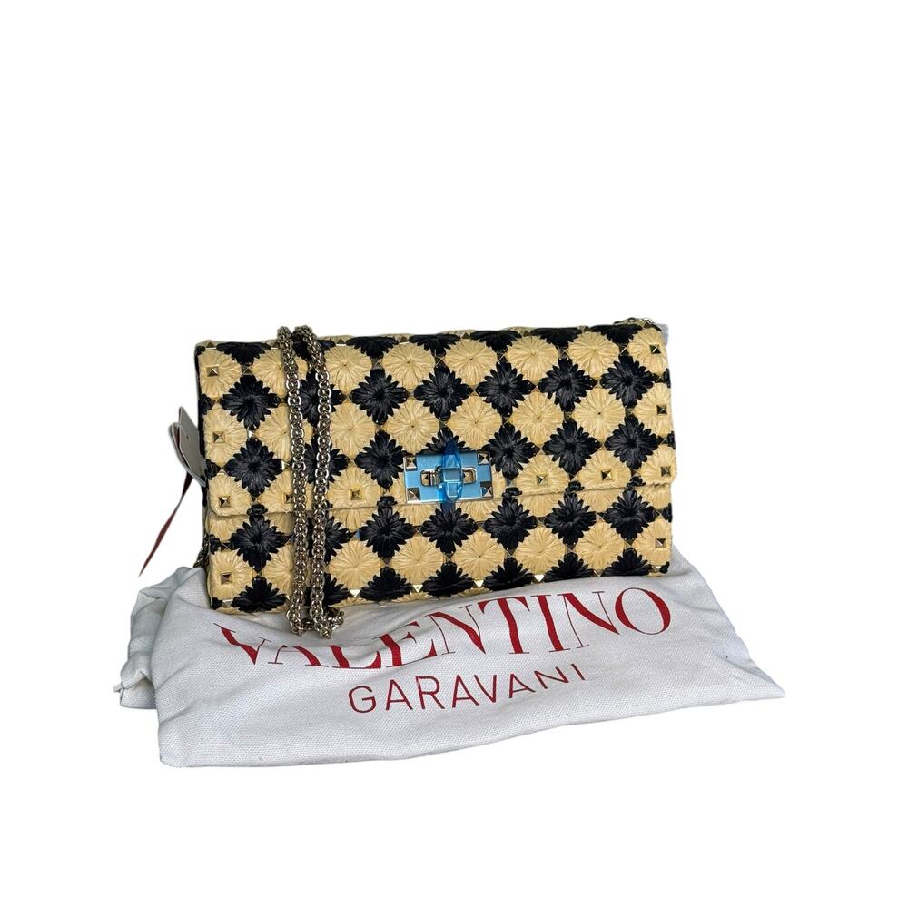 Valentino Garavani NWT Rockstud Spike Check Raffia Bag in Natural/Black